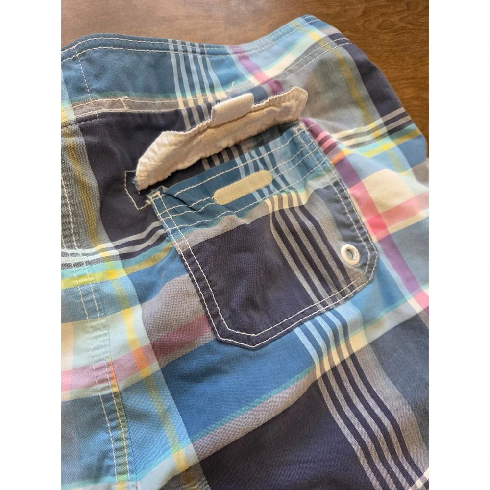 Abercrombie & Fitch Mens XL Blue Pink Plaid Board Shorts Swim Trunks Mesh Lined